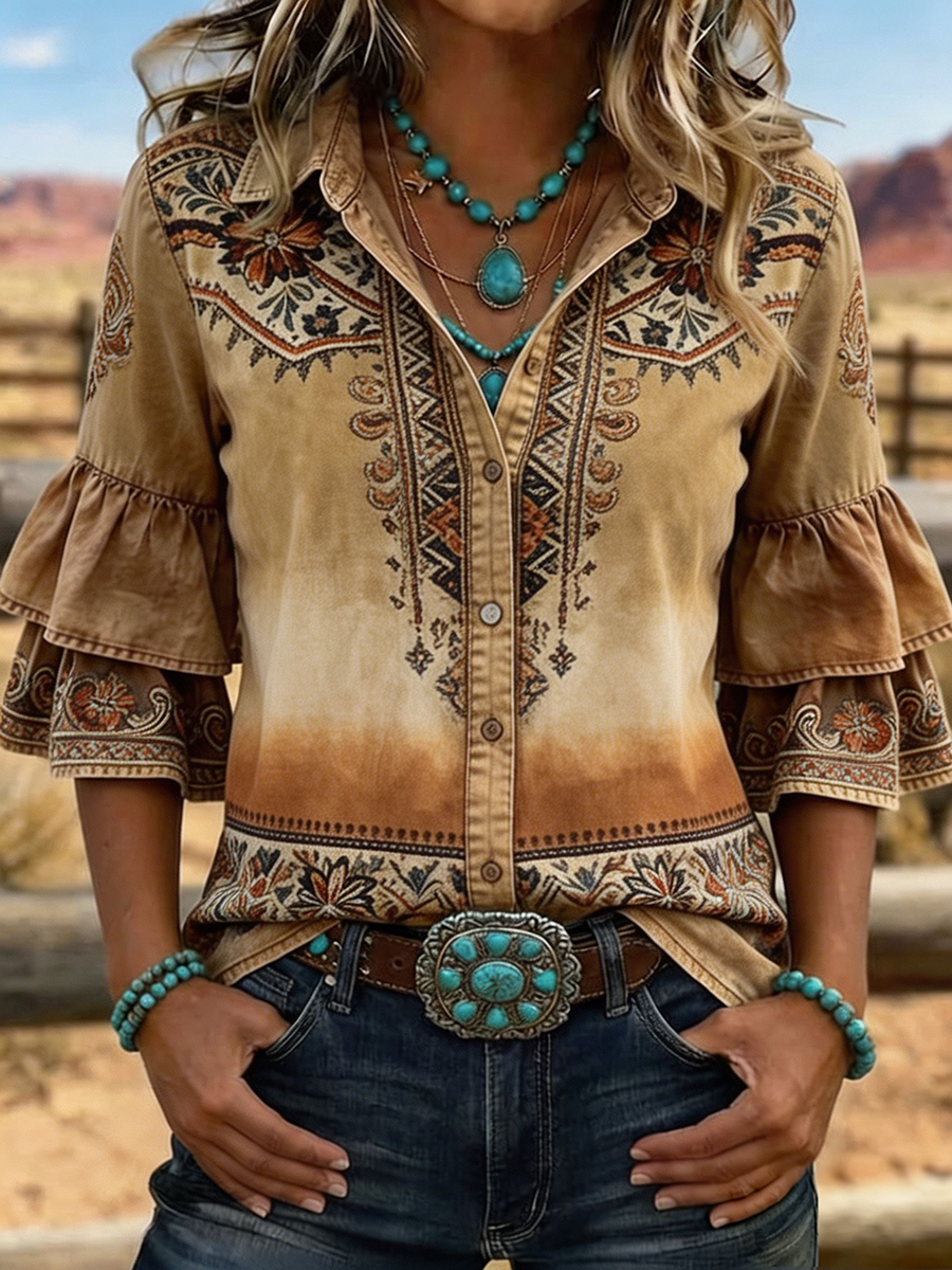 Women's Western Aztec Embroidered Ombre Bell Sleeve Blouse
